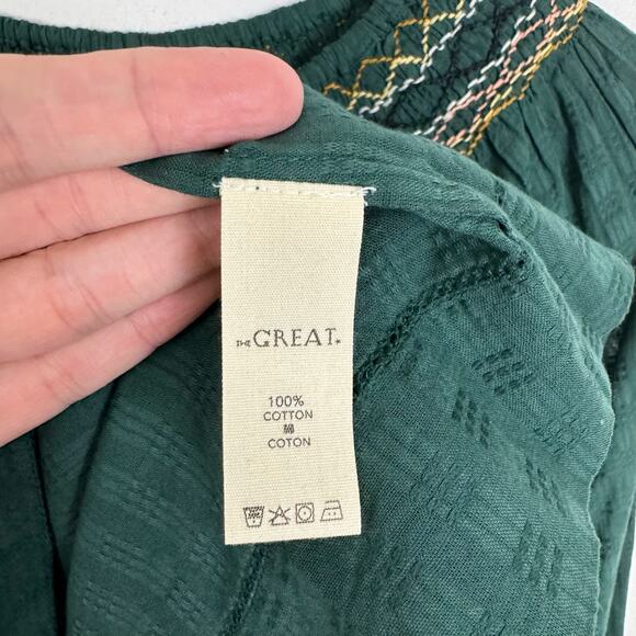 The Great NWT Sea Glass Top Palm Leaf Green Smocked Billowy Checked Cotton Top - Picture 14 of 16